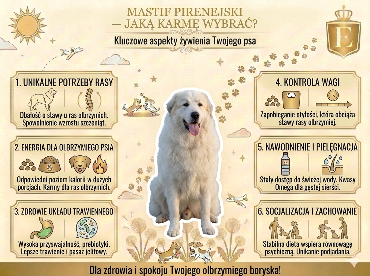 Infografika przedstawiająca najważniejsze zasady żywienia mastifa pirenejskiego. Grafika omawia potrzeby żywieniowe ras olbrzymich, odpowiednią podaż energii, wsparcie układu trawiennego, kontrolę masy ciała, znaczenie nawodnienia i pielęgnacji oraz wpływ prawidłowej diety na zachowanie psa. W centralnej części znajduje się mastif pirenejski, a całość stanowi praktyczny poradnik dotyczący wyboru odpowiedniej karmy dla tej rasy.